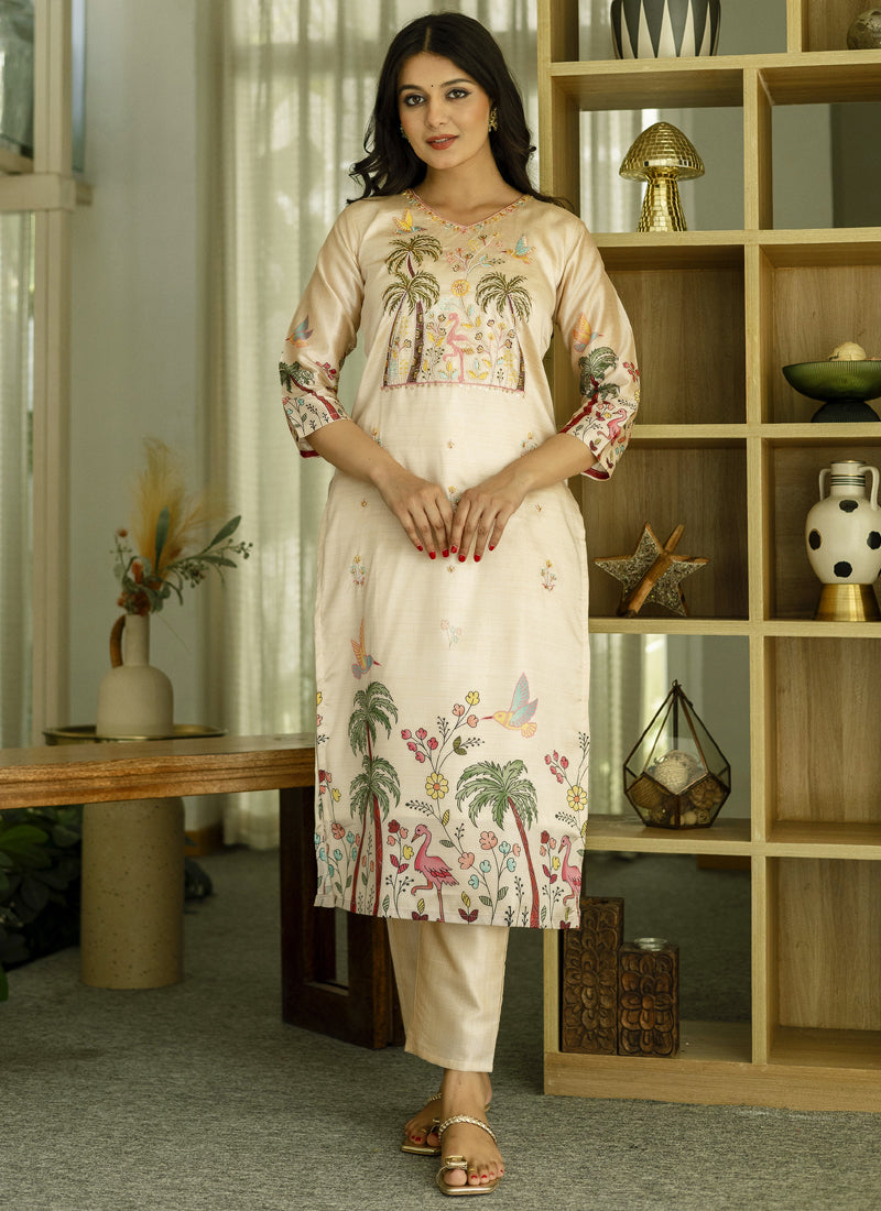Vegaa Fashion Cream Viscose Silk Beads Work Desginer Suit