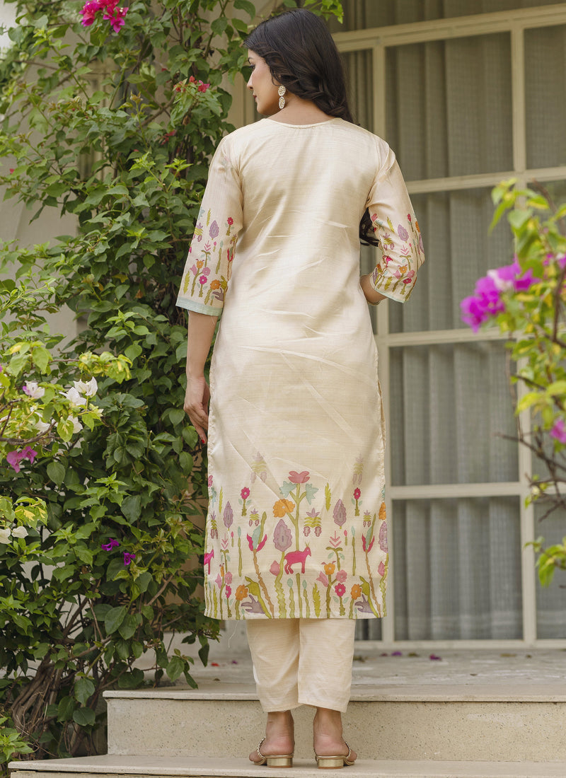Vegaa Fashion Cream Viscose Silk Beads Work Desginer Suit