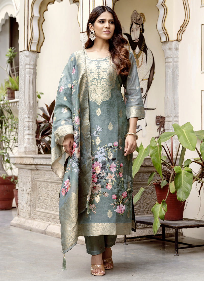 Vegaa Fashion Light Grey Viscose Silk Beads Work Desginer Suit