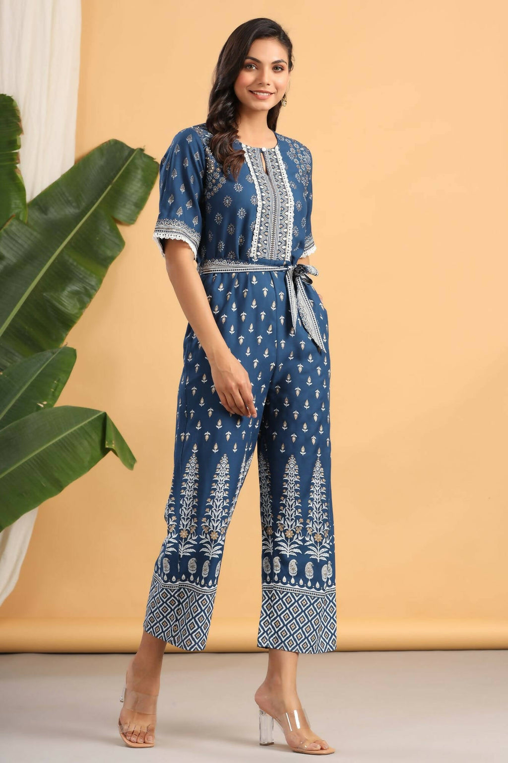 Juniper Women Indigo Rayon Printed Straight Jumpsuit