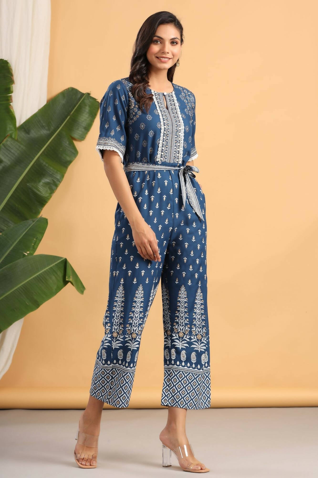 Juniper Women Indigo Rayon Printed Straight Jumpsuit