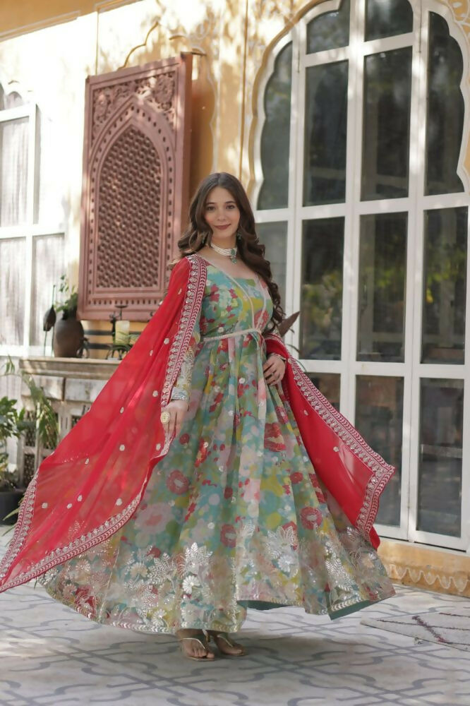 Vastranavya Multicolor Russian Silk Foil Embroidery with Zari Sequins & Digital Printed Gown Dupatta