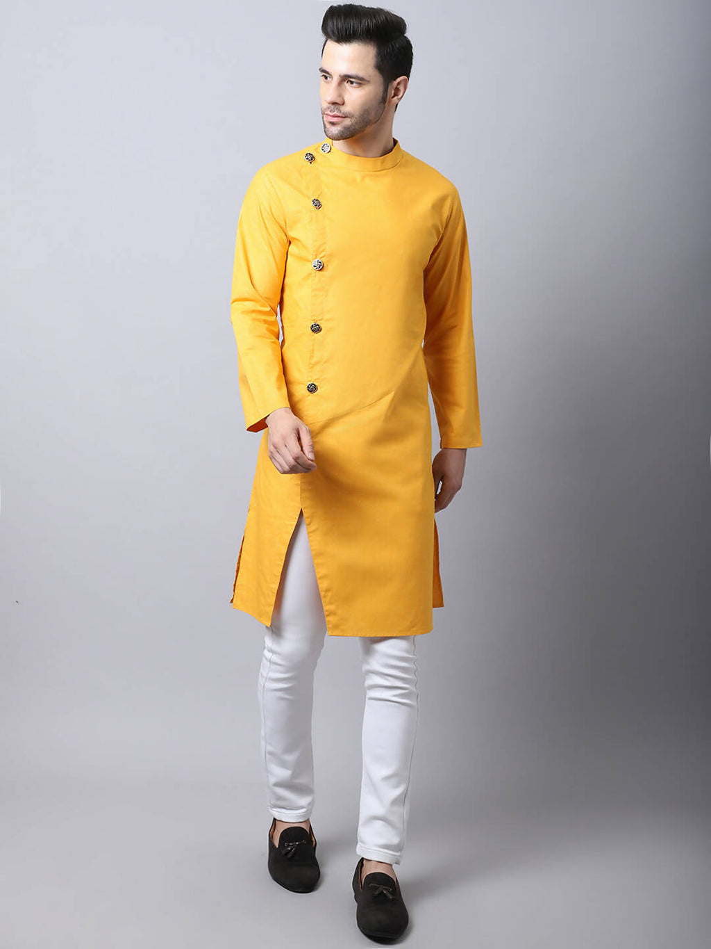 Even Apparels Yellow Pure Cotton Sherwani Kurta With Asymetrical Cut