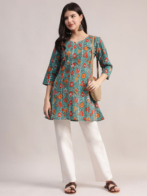 Aavyora Women's Teal Green Cotton A-Line Tunic with Red Floral Print and All-Over Pintuck Details