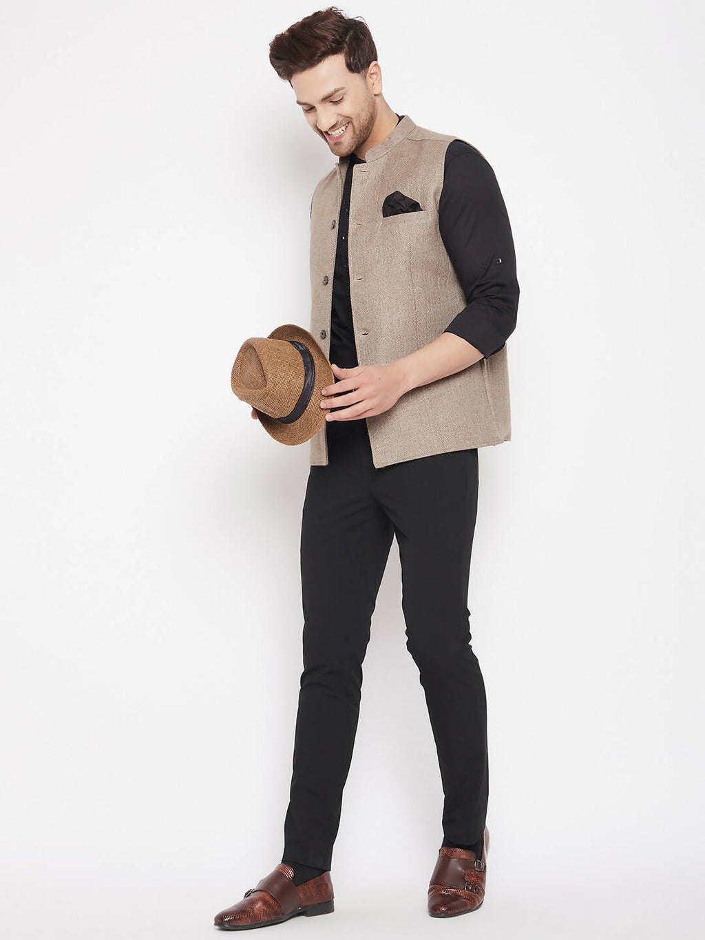 Even Apparels Beige Wool Men Woven Nehru Jacket