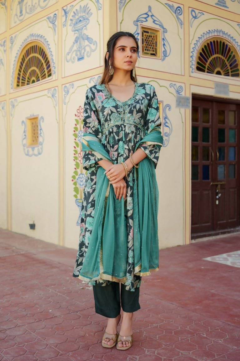 Vaasva Women Teal Muslin Embroidered Kurta, Pant & Dupatta Set