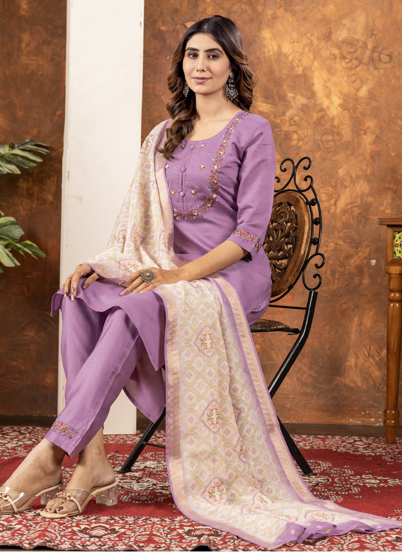Prazu Fashion Lavender Marina Silk Thread Embroidered Kurta Set
