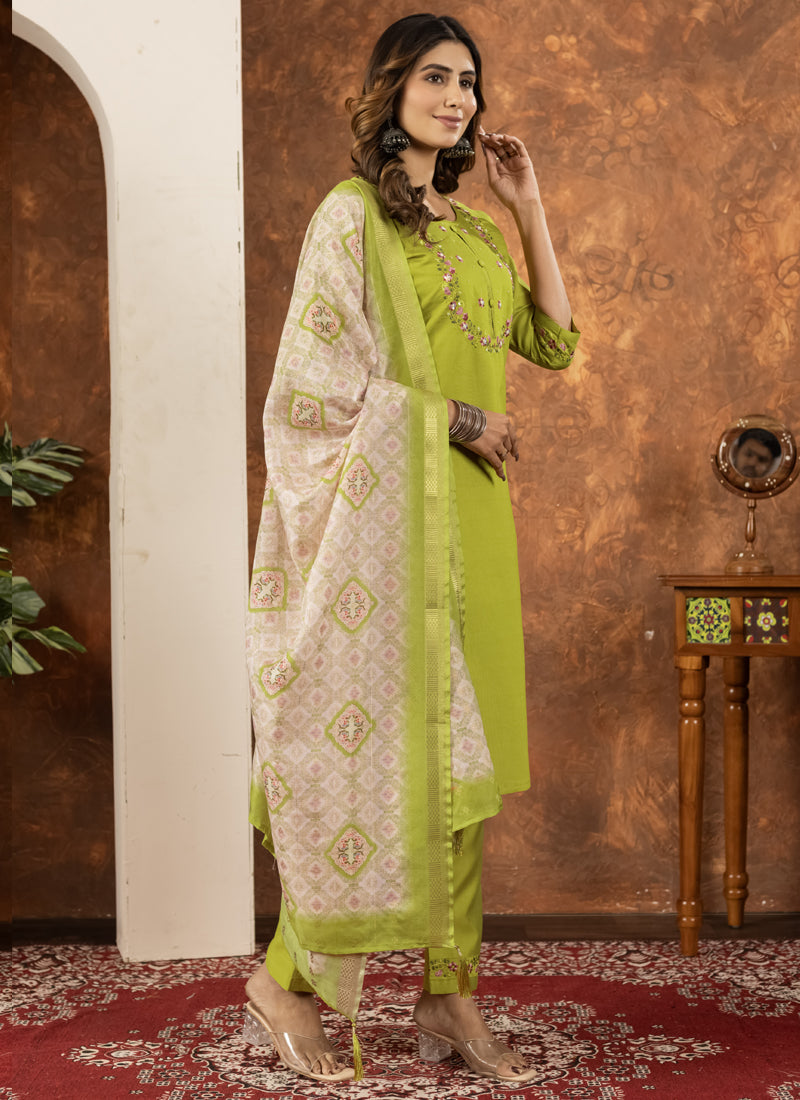 Prazu Fashion Parrot Green Marina Silk Thread Embroidered Kurta Set