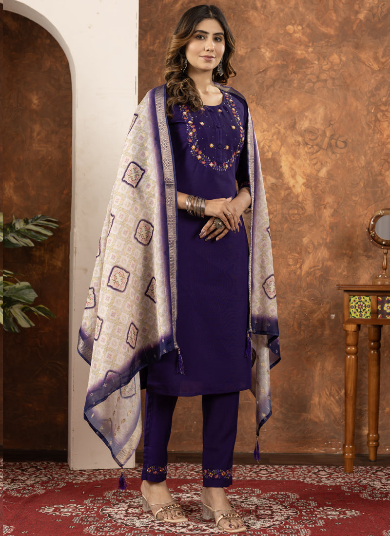 Prazu Fashion Purple Marina Silk Thread Embroidered Kurta Set