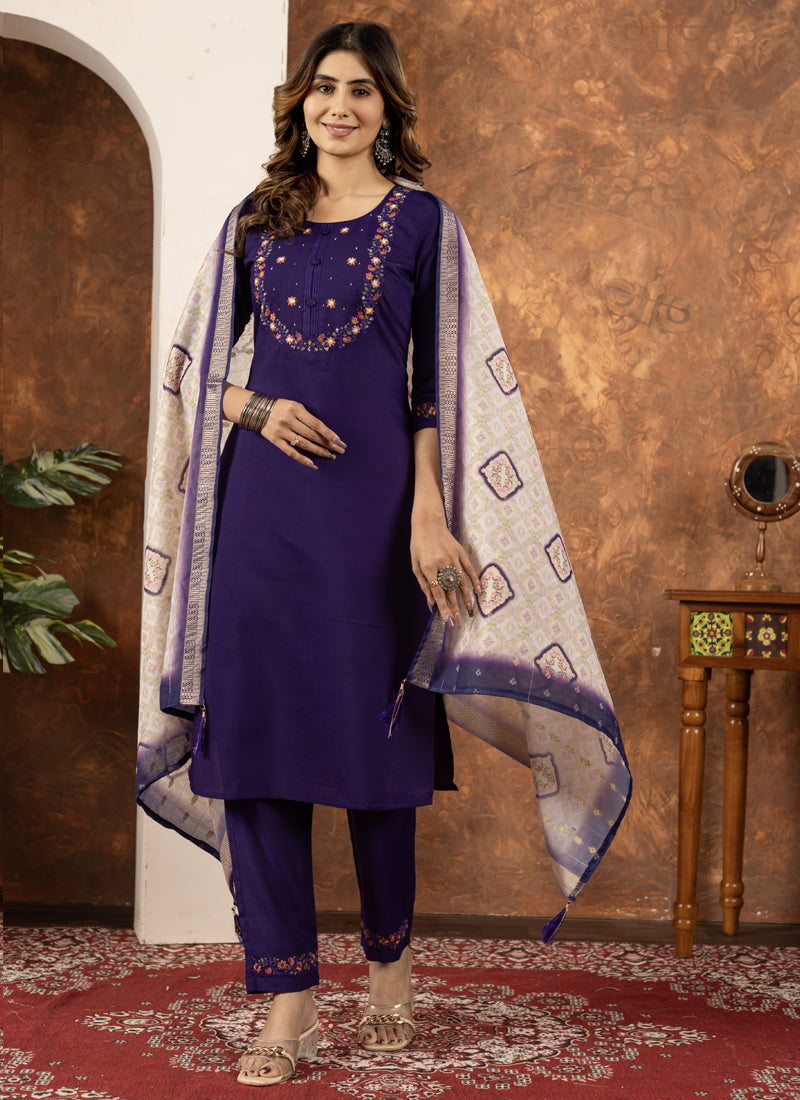 Prazu Fashion Purple Marina Silk Thread Embroidered Kurta Set