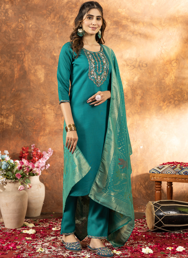 Prazu Fashion Rama Green Marina Silk Thread Embroidered Kurta Set