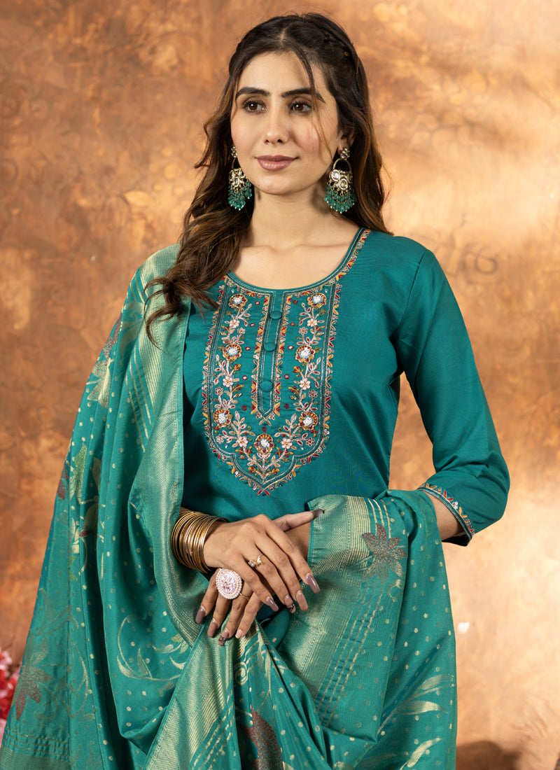 Prazu Fashion Rama Green Marina Silk Thread Embroidered Kurta Set