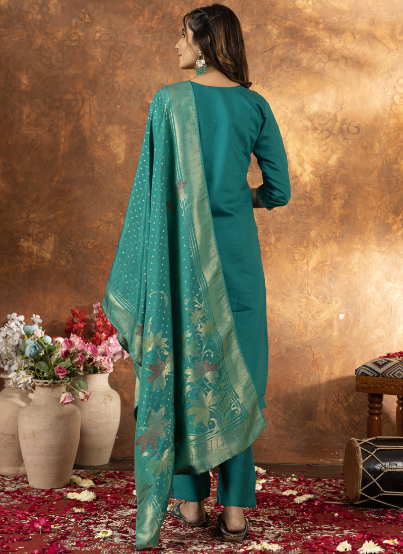 Prazu Fashion Rama Green Marina Silk Thread Embroidered Kurta Set