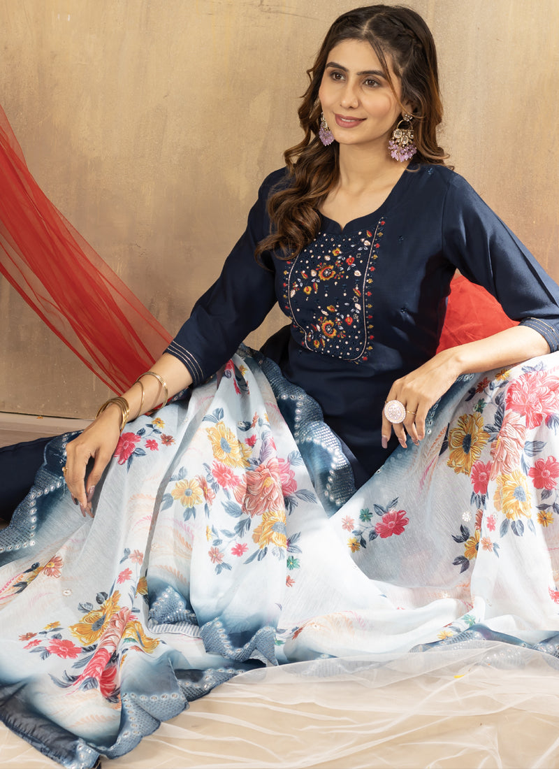 Prazu Fashion Blue Viscose Mango Silk Embroidered Thread Work Kurta Set