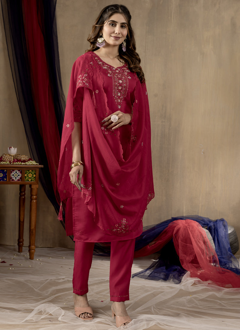 Prazu Fashion Rani Pink Roman Silk Thread Embroidered Designer Kurta Set