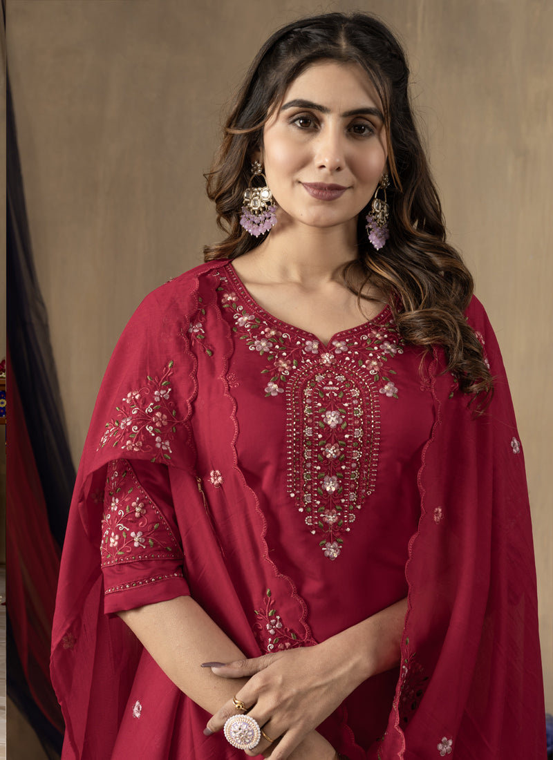 Prazu Fashion Rani Pink Roman Silk Thread Embroidered Designer Kurta Set