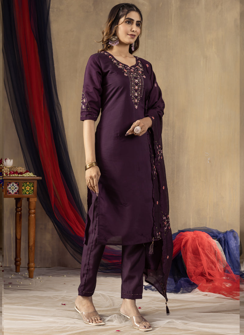 Prazu Fashion Wine Roman Silk Thread Embroidered Designer Kurta Set