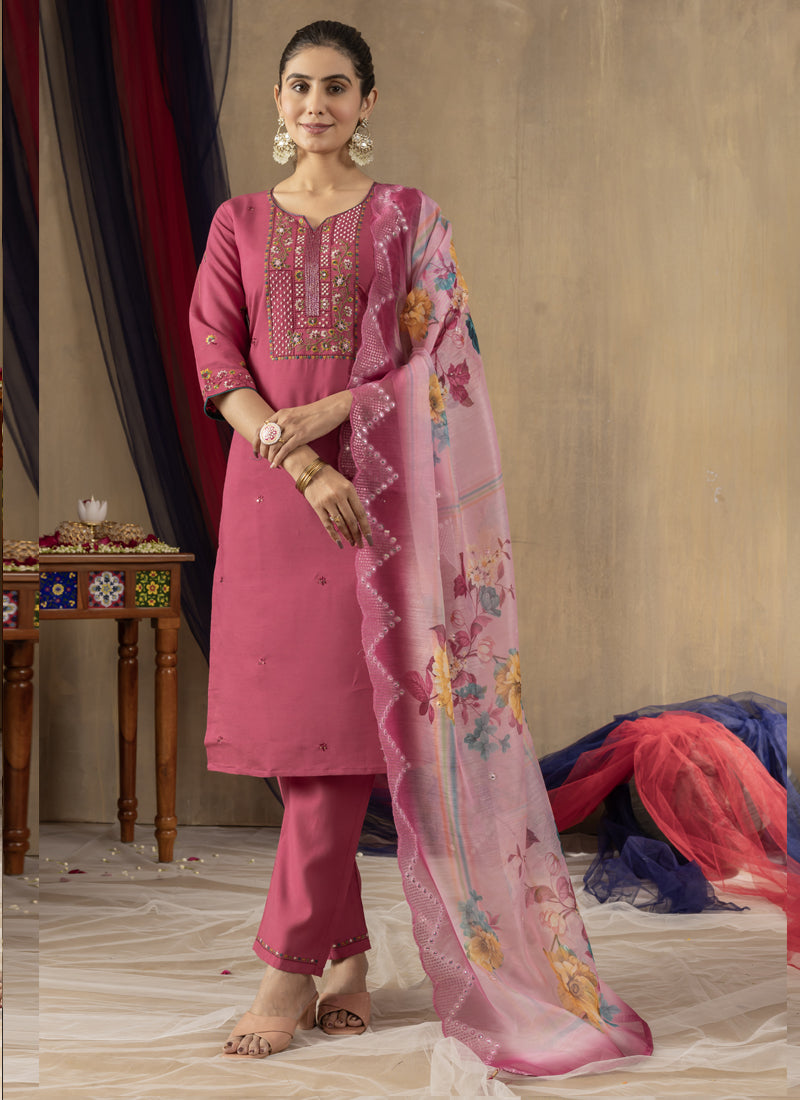 Prazu Fashion Onion Pink Roman Silk Thread Embroidered Designer Kurta Set