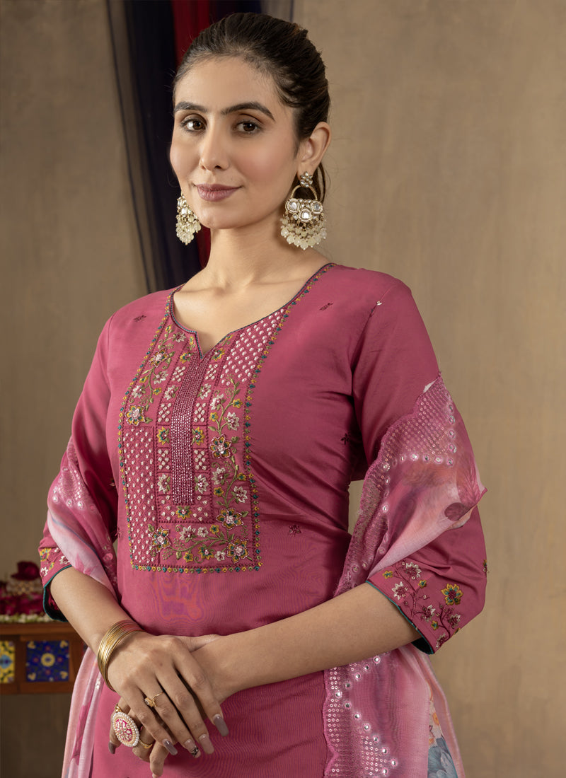 Prazu Fashion Onion Pink Roman Silk Thread Embroidered Designer Kurta Set