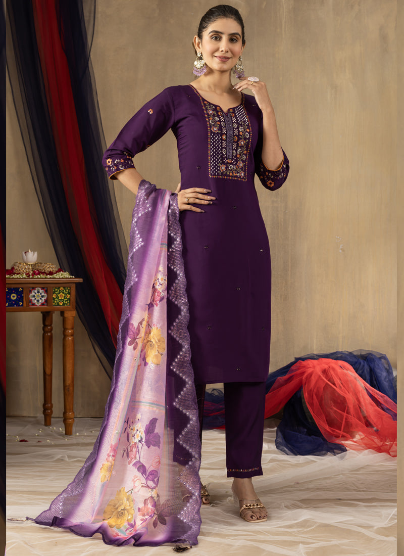 Prazu Fashion Purple Roman Silk Thread Embroidered Designer Kurta Set