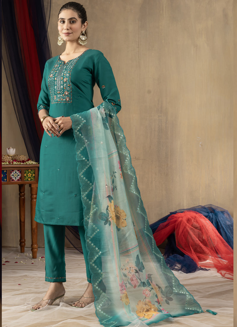 Prazu Fashion Rama Green Roman Silk Thread Embroidered Designer Kurta Set