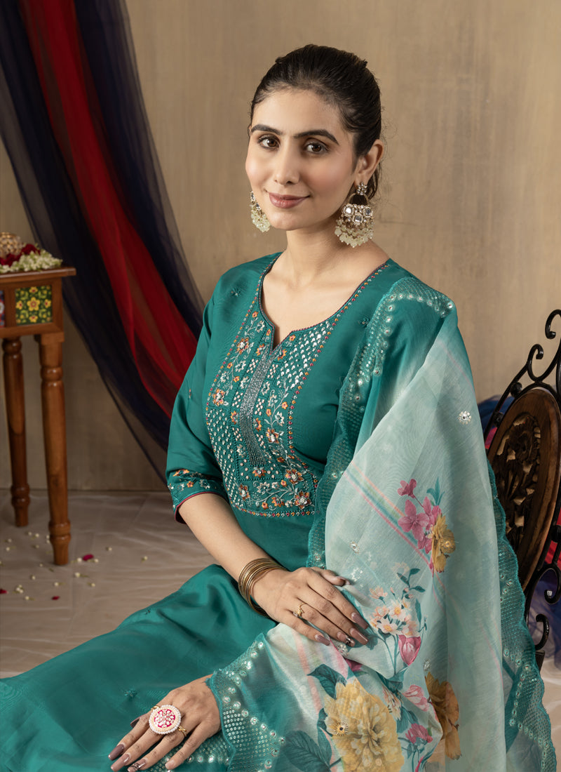 Prazu Fashion Rama Green Roman Silk Thread Embroidered Designer Kurta Set