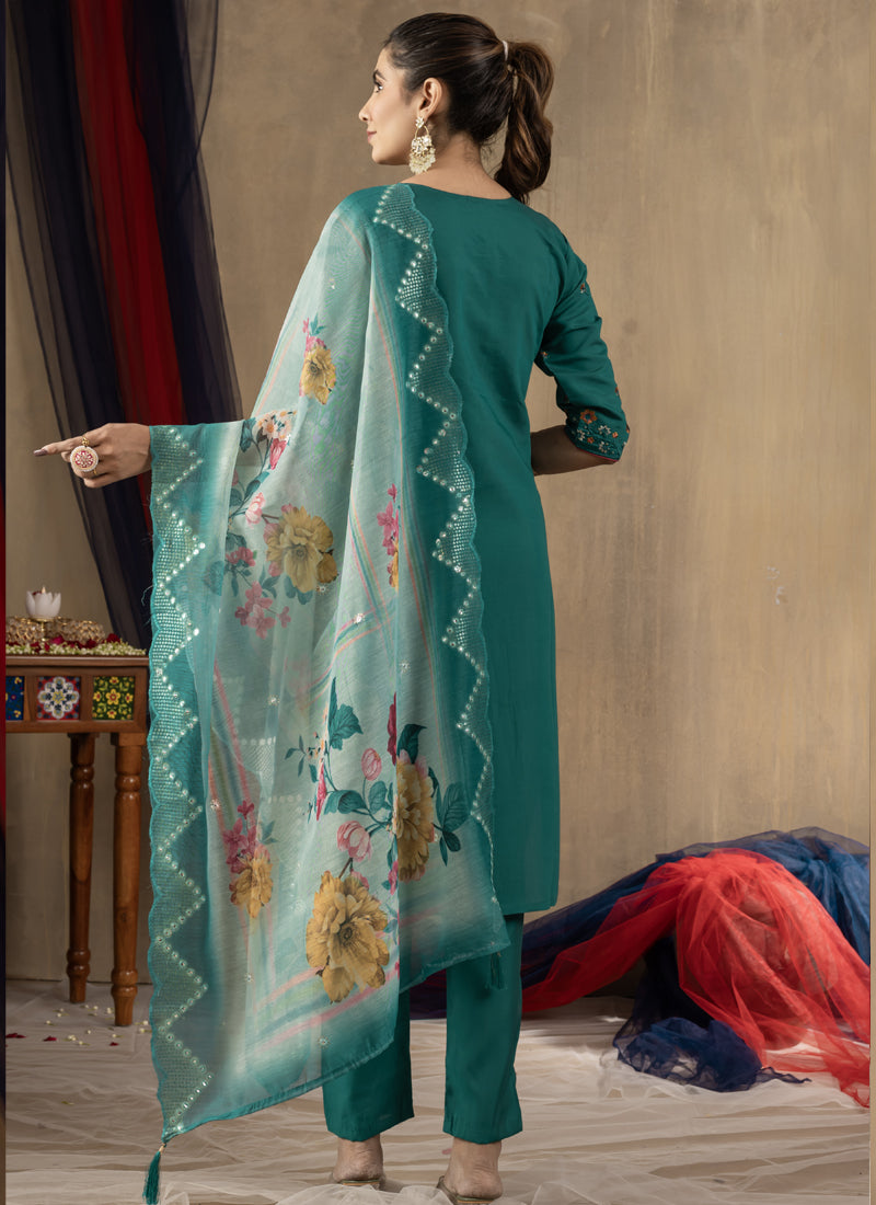 Prazu Fashion Rama Green Roman Silk Thread Embroidered Designer Kurta Set
