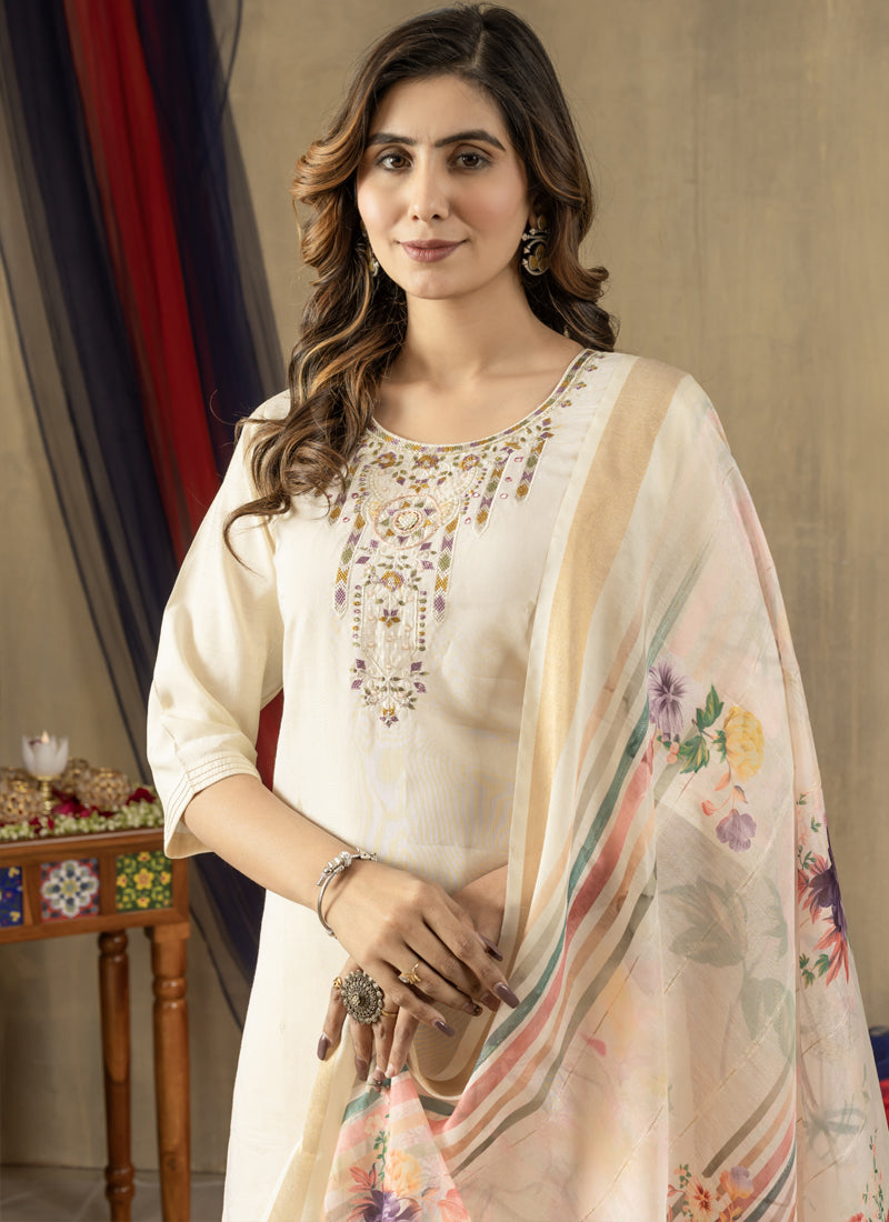 Prazu Fashion Off White Shimmer Gold Silk Thread Embroidered Designer Kurta Set