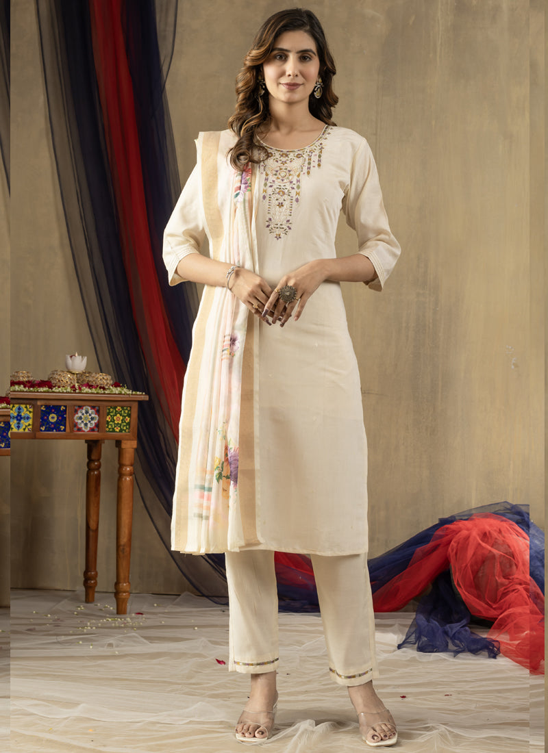 Prazu Fashion Off White Shimmer Gold Silk Thread Embroidered Designer Kurta Set