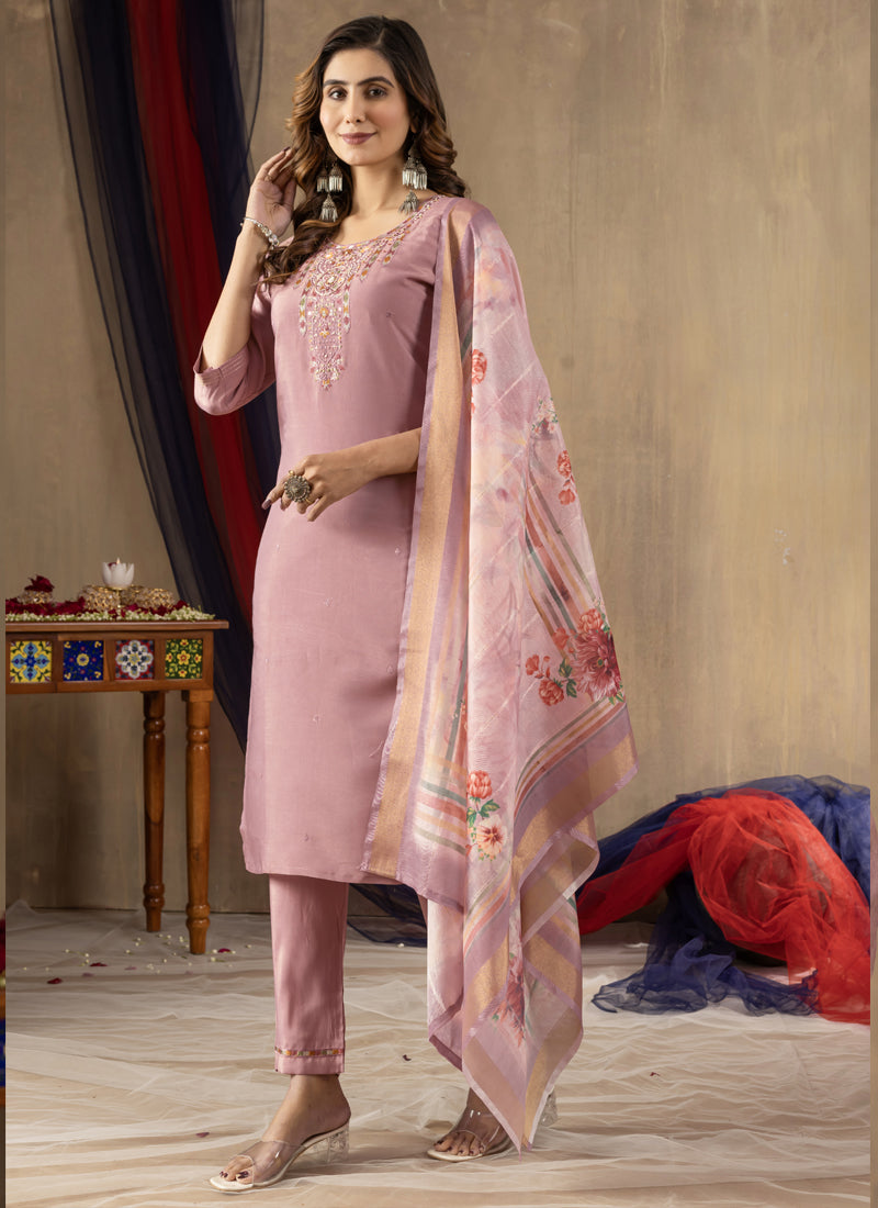 Prazu Fashion Onion Pink Shimmer Gold Silk Thread Embroidered Designer Kurta Set