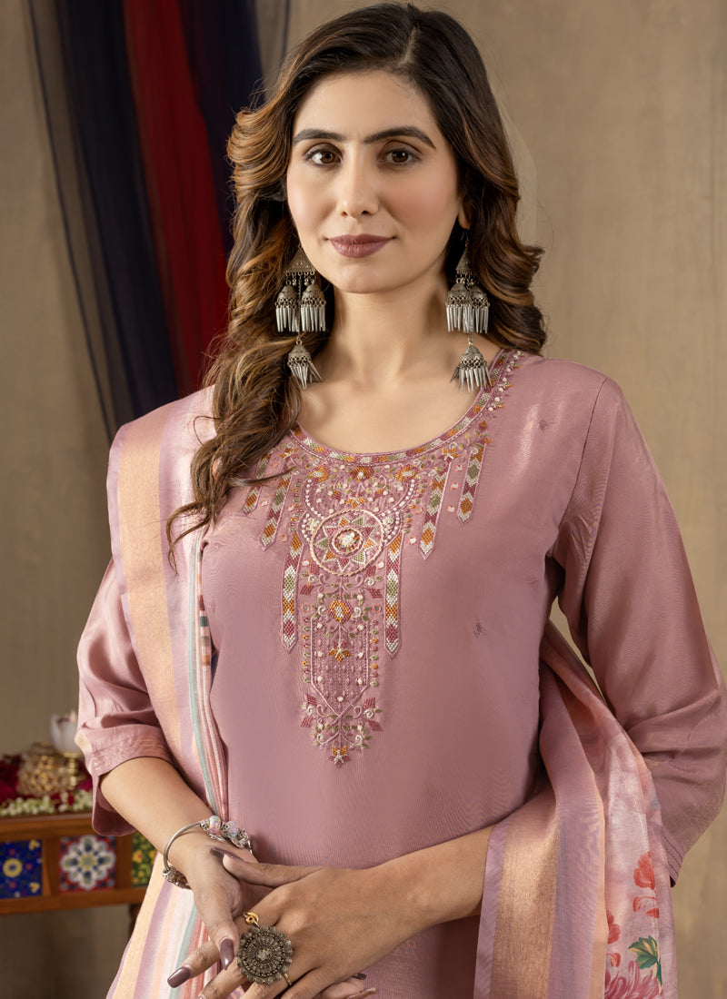 Prazu Fashion Onion Pink Shimmer Gold Silk Thread Embroidered Designer Kurta Set