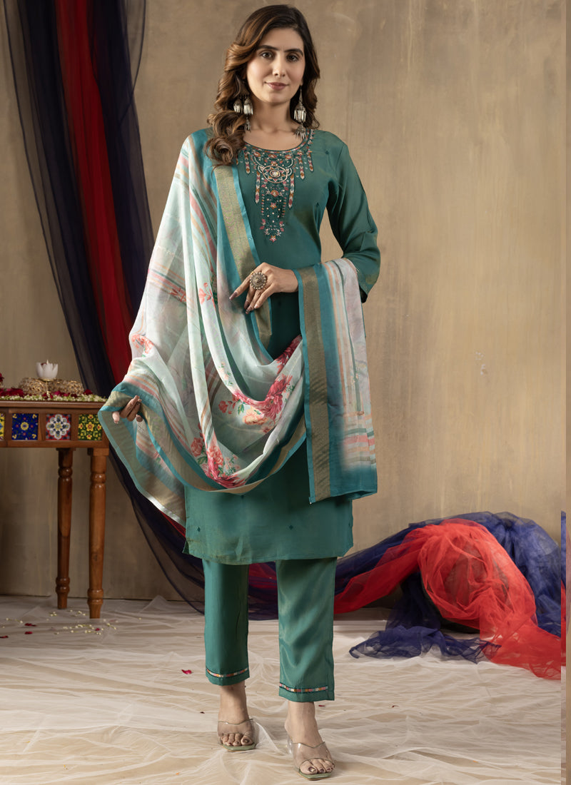 Prazu Fashion Rama Green Shimmer Gold Silk Thread Embroidered Designer Kurta Set