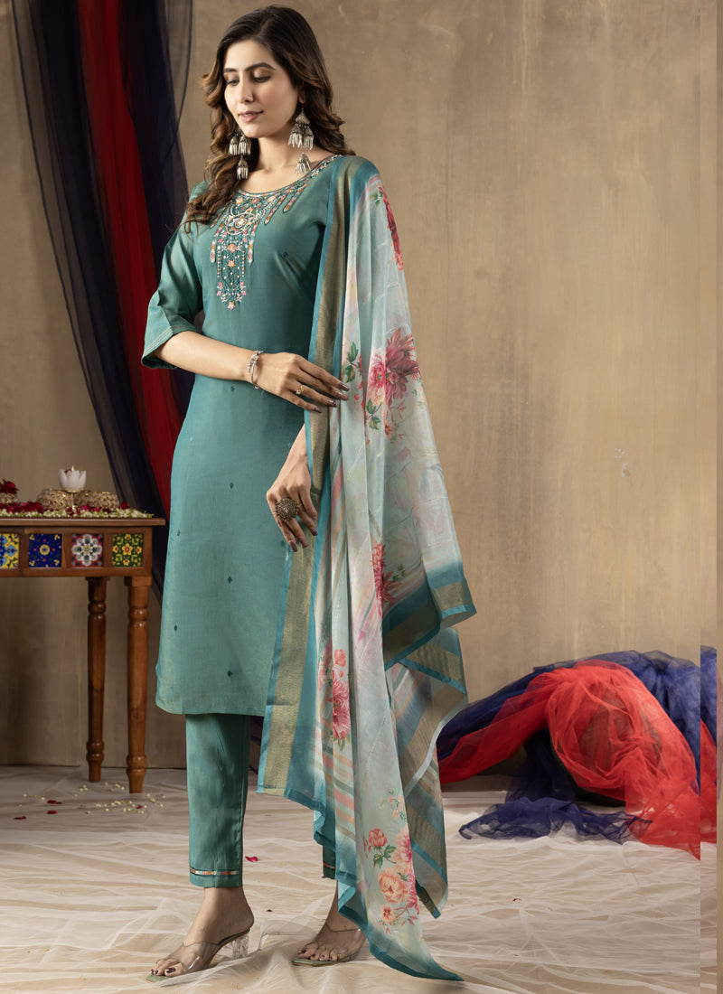 Prazu Fashion Rama Green Shimmer Gold Silk Thread Embroidered Designer Kurta Set
