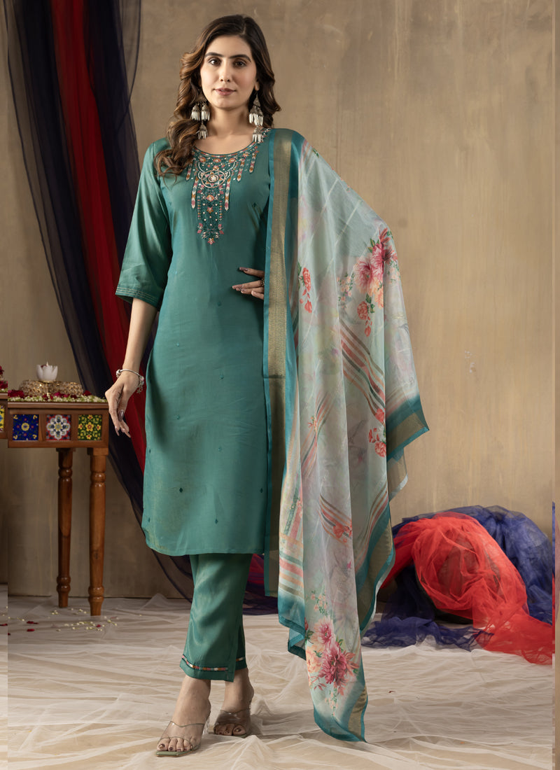 Prazu Fashion Rama Green Shimmer Gold Silk Thread Embroidered Designer Kurta Set