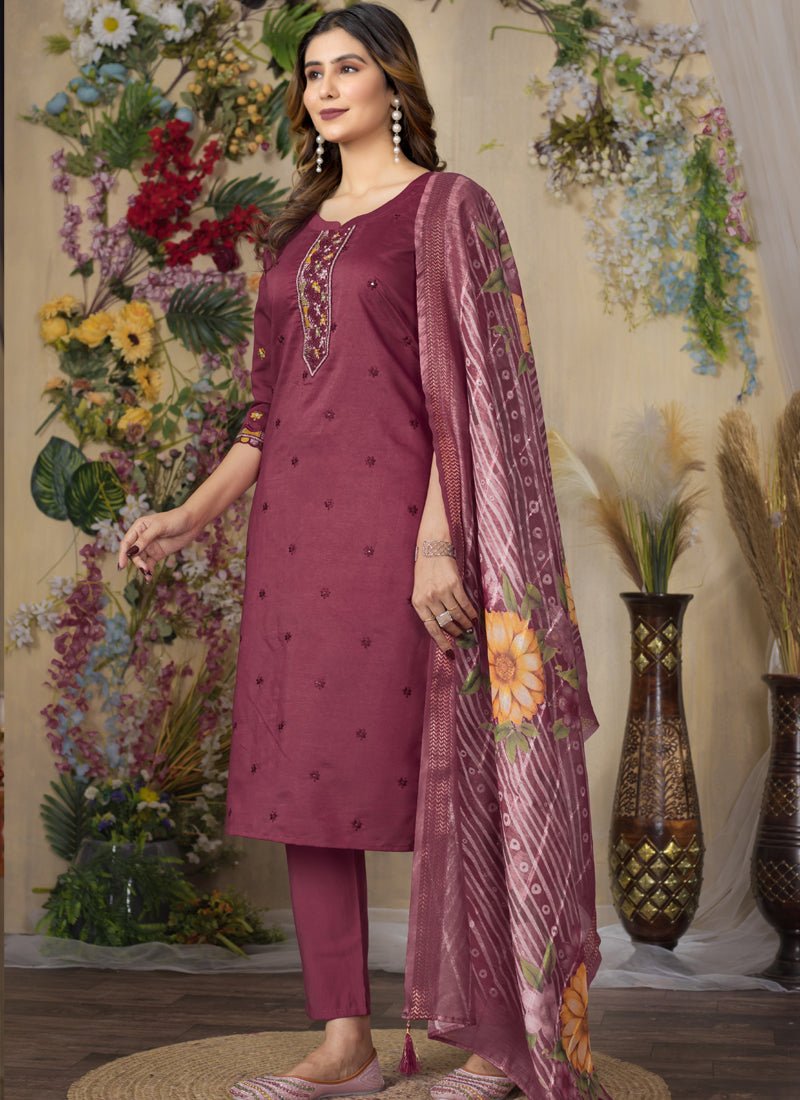 Prazu Fashion Wine Roman Silk Thread Embroidered Designer Kurta Set