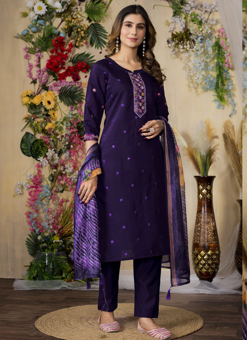 Prazu Fashion Purple Roman Silk Thread Embroidered Designer Kurta Set