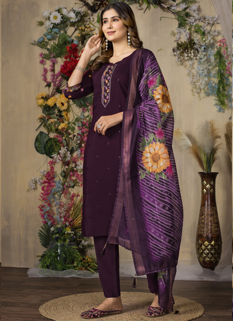Prazu Fashion Wine Roman Silk Thread Embroidered Designer Kurta Set