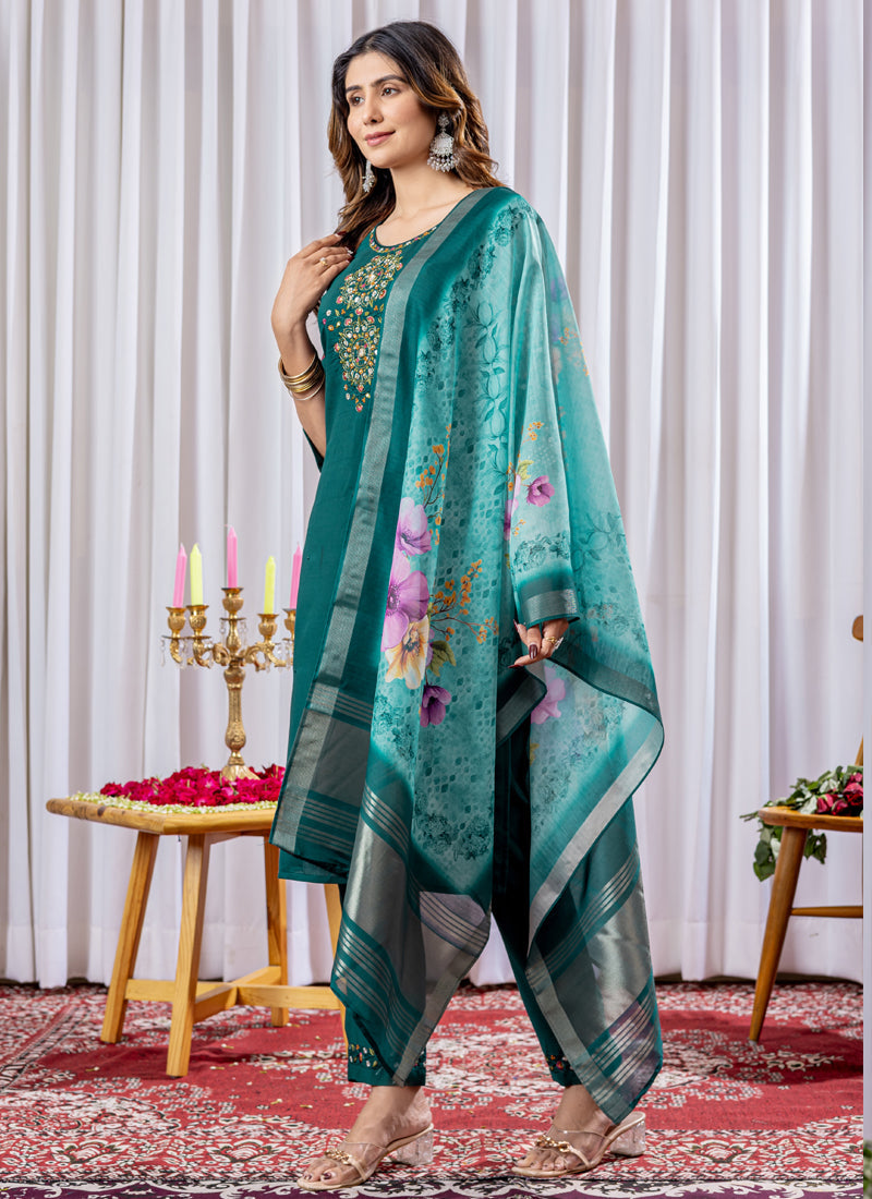 Prazu Fashion Rama Green Viscose Silk Thread Embroidered Designer Kurta Set