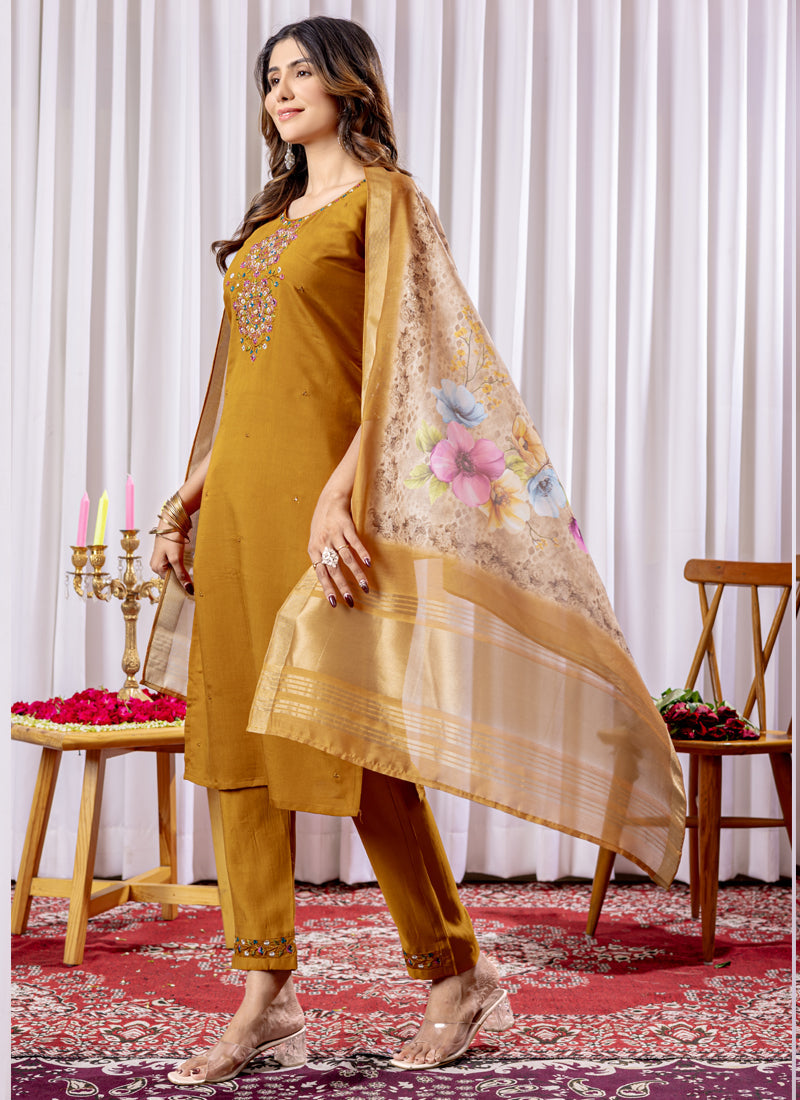 Prazu Fashion Mustard Viscose Silk Thread Embroidered Designer Kurta Set