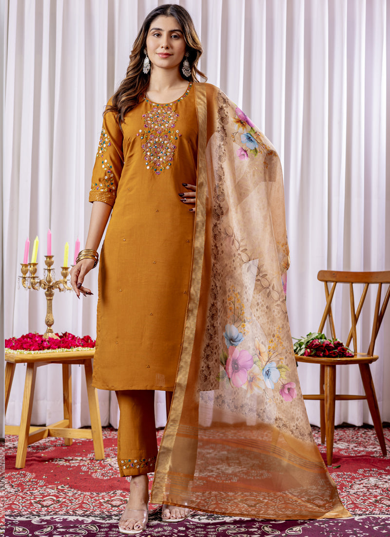 Prazu Fashion Mustard Viscose Silk Thread Embroidered Designer Kurta Set
