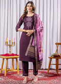 Prazu Fashion Wine Viscose Silk Thread Embroidered Designer Kurta Set