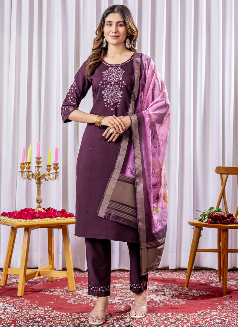 Prazu Fashion Wine Viscose Silk Thread Embroidered Designer Kurta Set