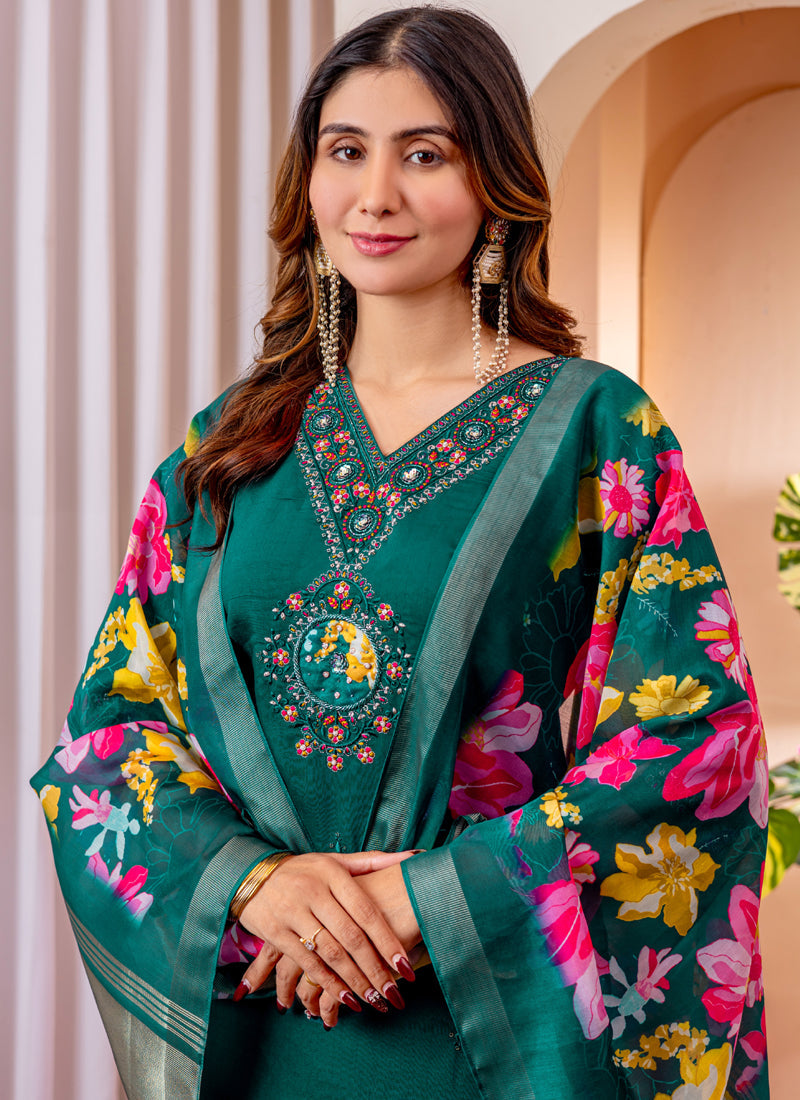 Prazu Fashion Green Viscose Silk Thread Embroidered Designer Kurta Set