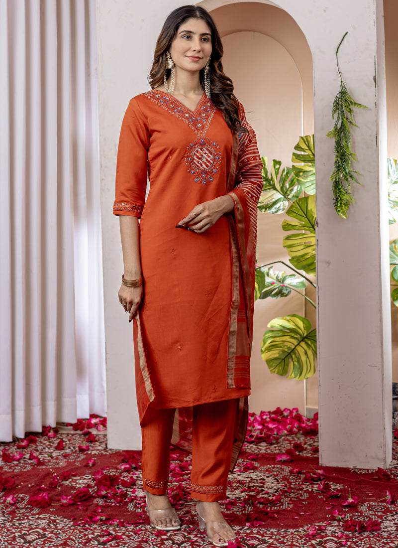 Prazu Fashion Orange Viscose Silk Thread Embroidered Designer Kurta Set