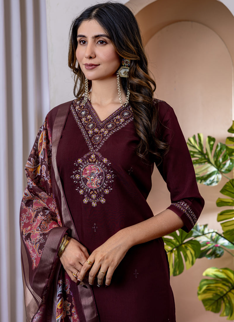 Prazu Fashion Wine Viscose Silk Thread Embroidered Designer Kurta Set