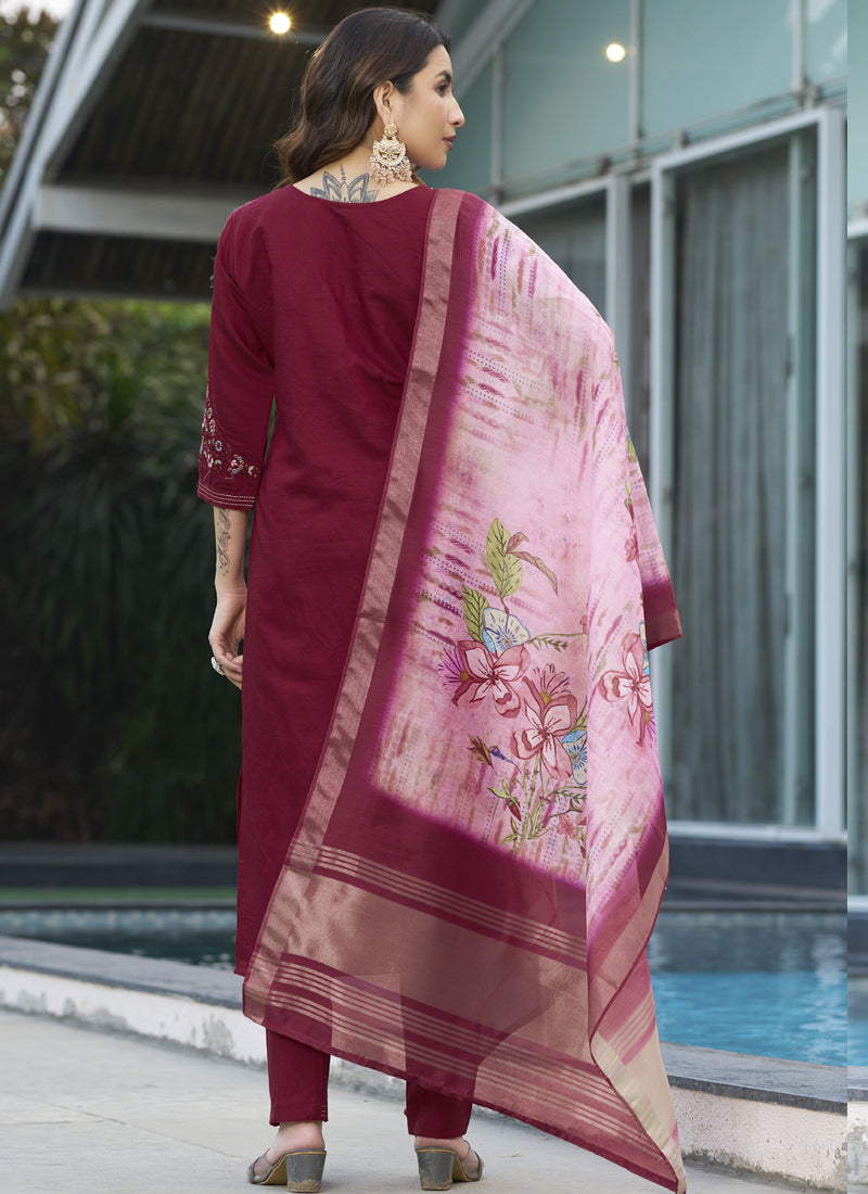 Prazu Fashion Maroon Viscose Silk Thread Embroidered Designer Kurta Set