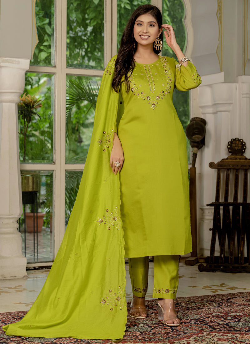 Prazu Fashion Parrot Green Marina Silk Thread Embroidered Designer Kurta Set