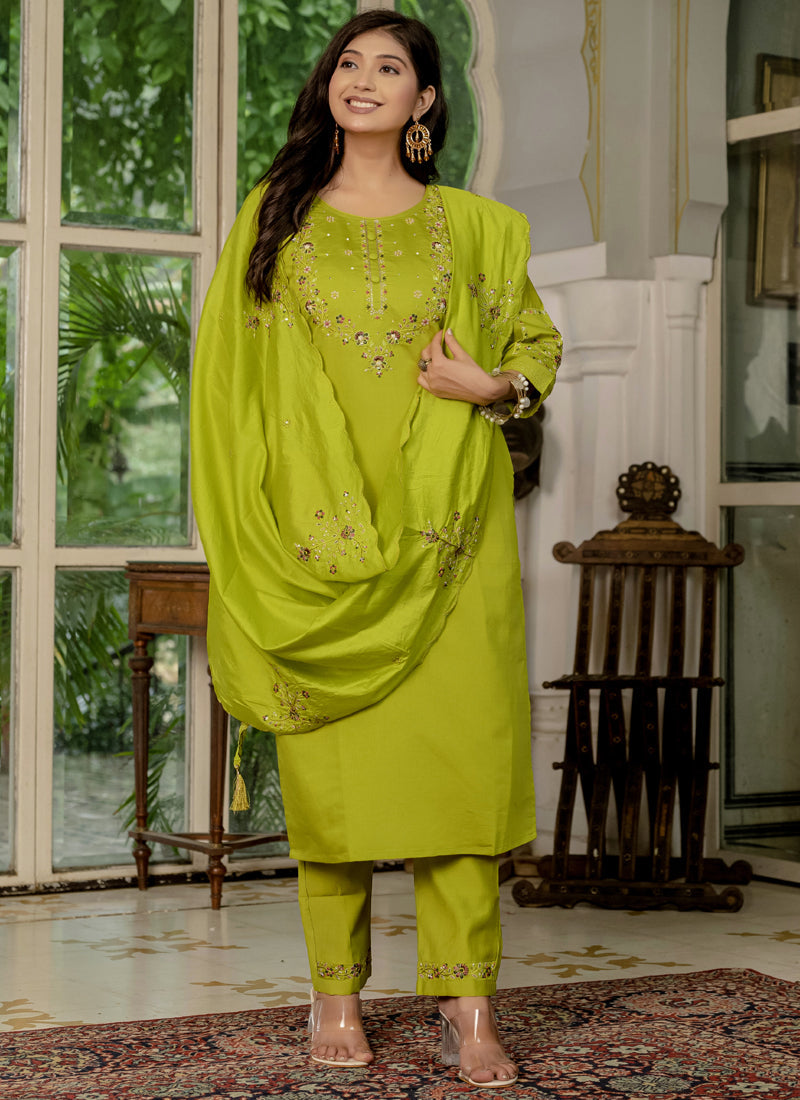 Prazu Fashion Parrot Green Marina Silk Thread Embroidered Designer Kurta Set