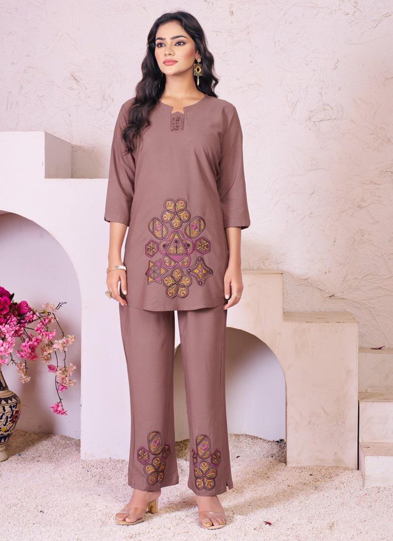 Prazu Fashion Onion Pink Rayon Multi Embroidery Thread Work Co-Ords Set