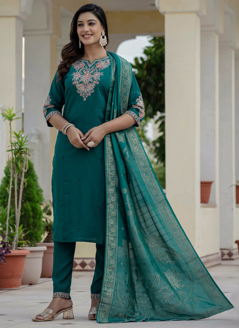 Prazu Fashion Rama Green Roman Silk Embroidered Sequence Designer Kurta Set